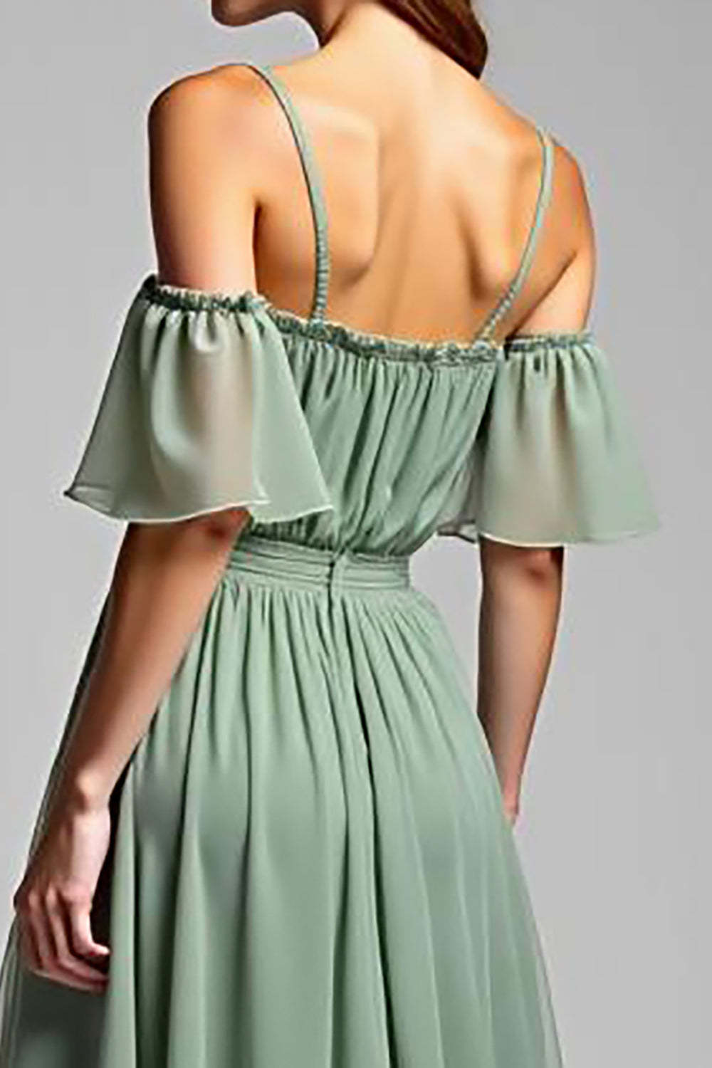 Cold Shoulder A Line Dusty Sage Wedding Guest Dress Long Formal Dress