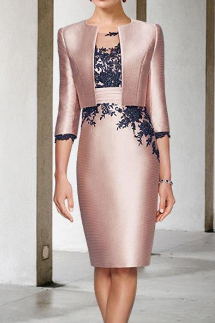 Color Block 2024 Mother of the Bride Two Piece Dress with Appliques 3/4 Sleeve and Knee Length
