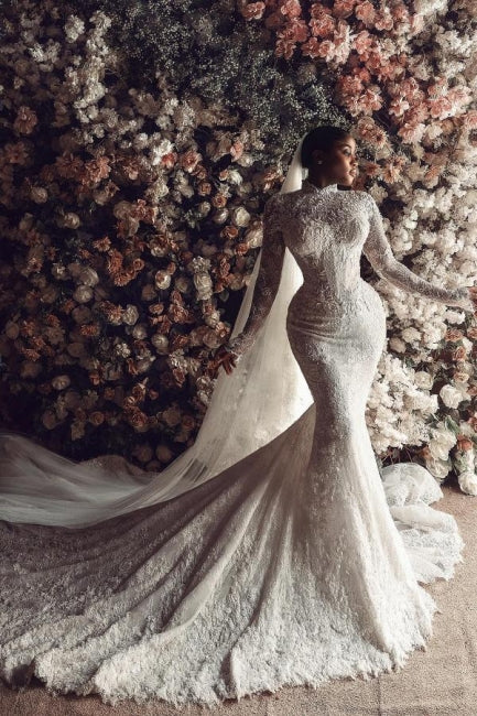Column Lace High Neck Long Sleeve White Wedding Dress Long Bridal Gown With Appliques Train