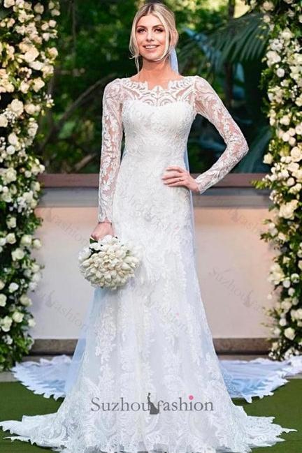 Column Lace Long Sleeve White Wedding Dress Bridal Gown With Appliques