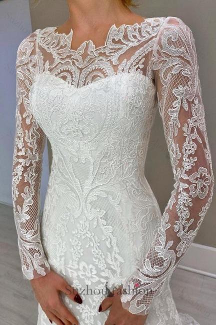 Column Lace Long Sleeve White Wedding Dress Bridal Gown With Appliques