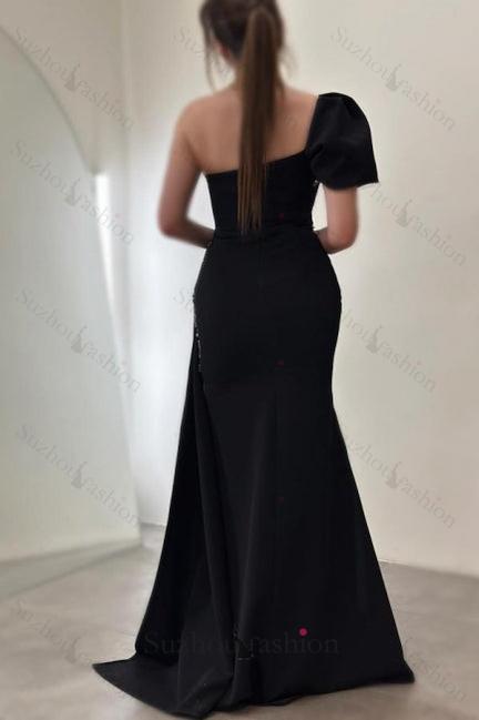 Column Satin Prom Dress One Shoulder Sleeveless Formal Dress With Sequined Split