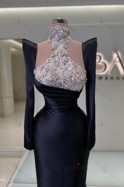 Column Satin Prom Dress Sleeve Black Formal Dress With Rhinestone Train