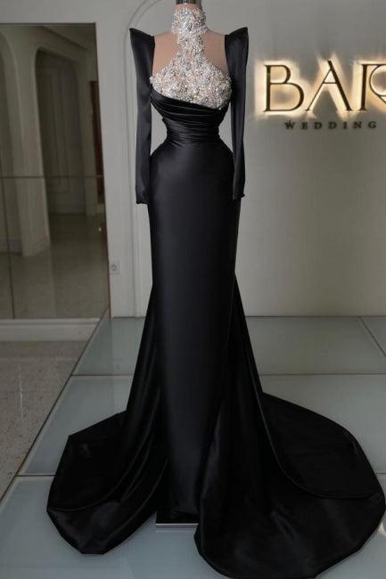 Column Satin Prom Dress Sleeve Black Formal Dress With Rhinestone Train