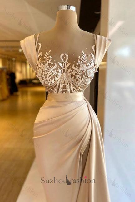 Column Satin Prom Dress Sleeveless Formal Dress With Lace And Pearls