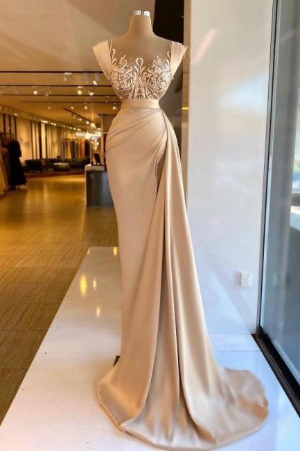 Column Satin Prom Dress Sleeveless Formal Dress With Lace And Pearls