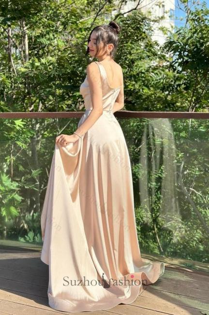 Column Satin Prom Dress Square Sleeveless Formal Dress With Split Train