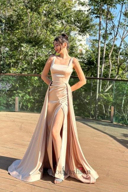 Column Satin Prom Dress Square Sleeveless Formal Dress With Split Train