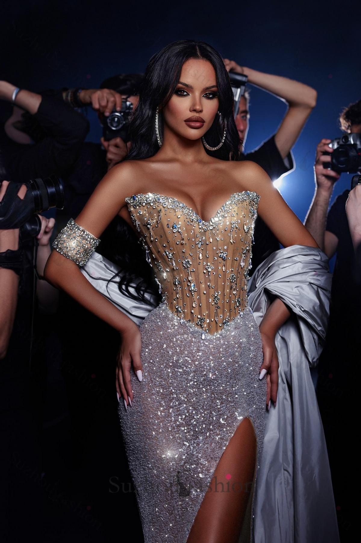 Column Sweetheart Sleeveless Sequined Slit Tulle Formal Dress With Rhinestones