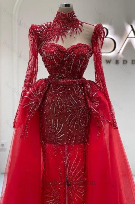 Column Tulle Prom Dress Lace Sweetheart Sleeve Red Formal Dress With Panel Train