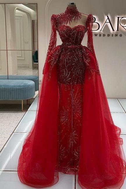 Column Tulle Prom Dress Lace Sweetheart Sleeve Red Formal Dress With Panel Train