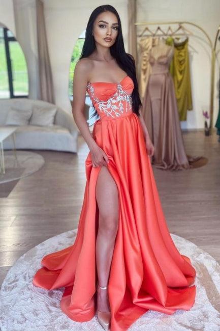 Coral Strapless Prom Dress A Line Beaded Sleeveless Panel Train Satin Formal Dress With High Slit