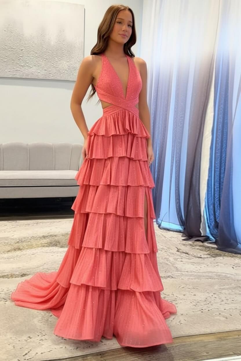 Halter Silver Prom Dress Tiered A-Line Long Formal Dress With Slit