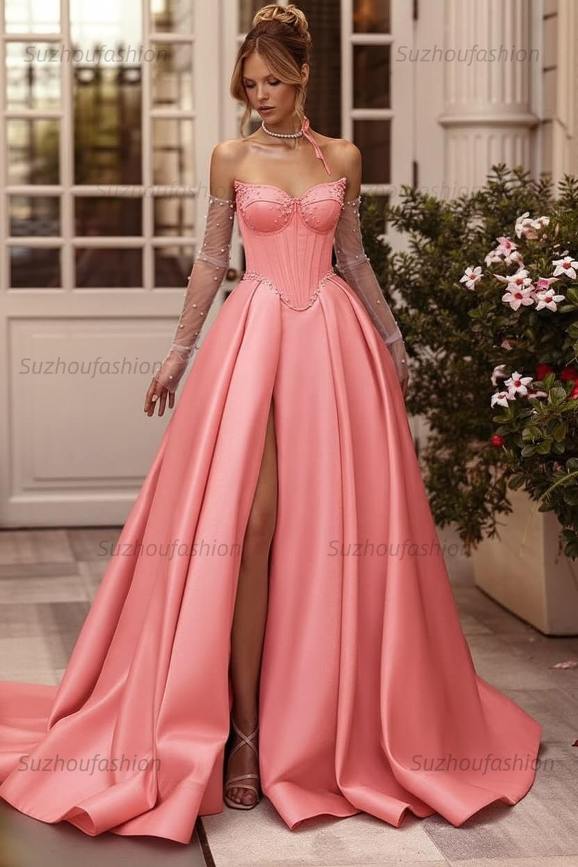 Lilac Prom Dress Beaded A Line Sweetheart Corset Evening Dress with Slit