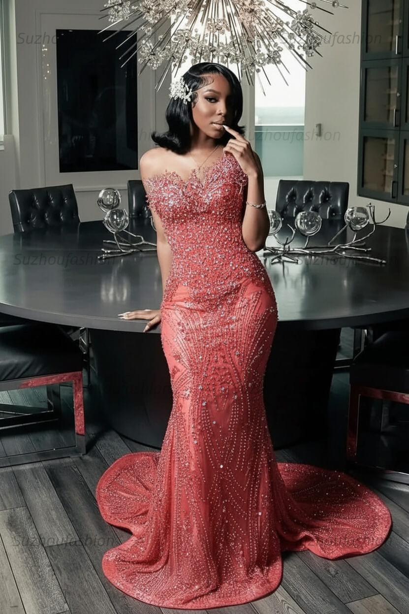 Green Mermaid Prom Dress Sleeveless Formal Evening Dress with Beadings and Rhinestones