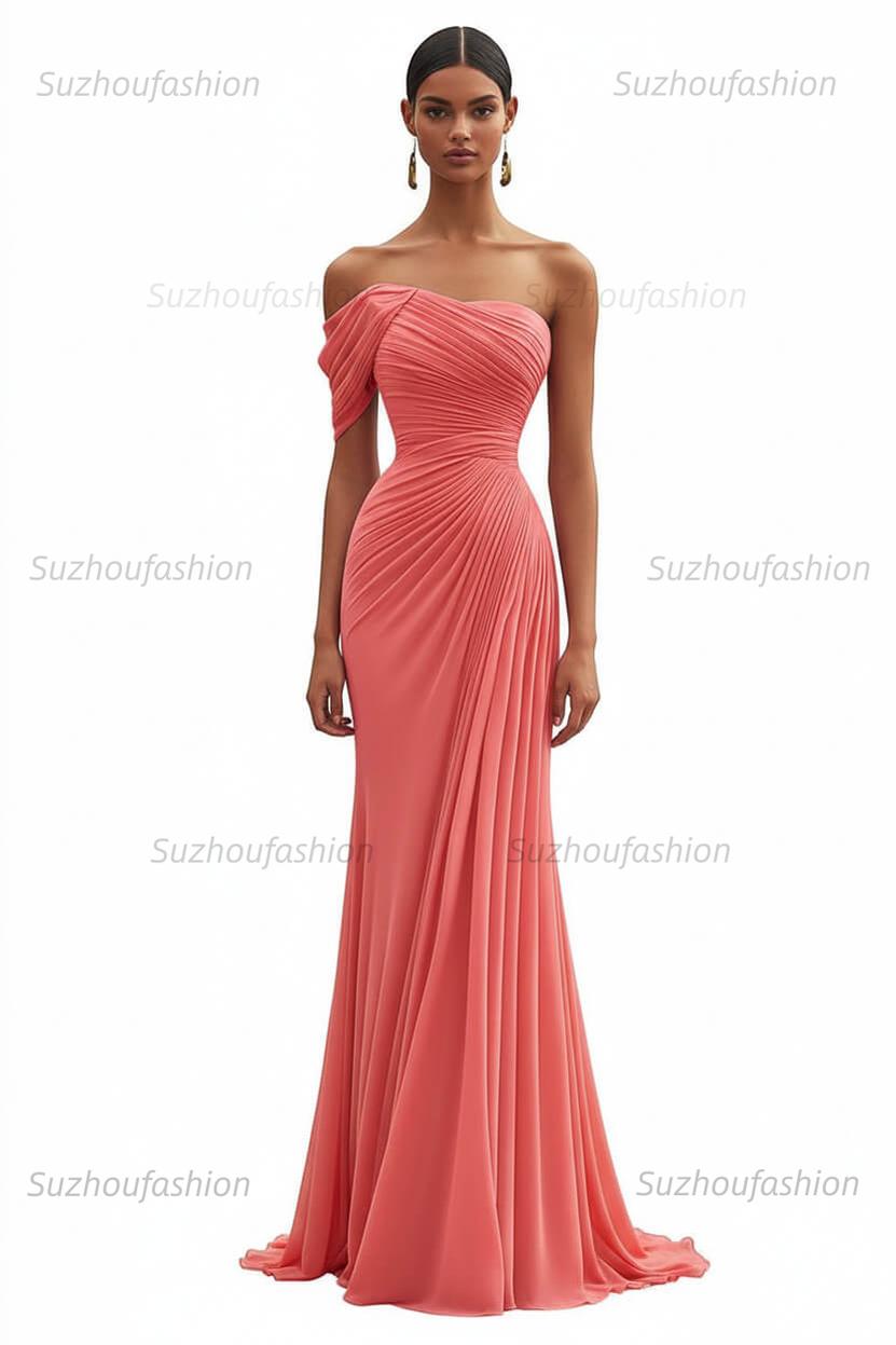 One Shoulder Ruched Mermaid Dark Green Wedding Guest Dress Long Formal Dress