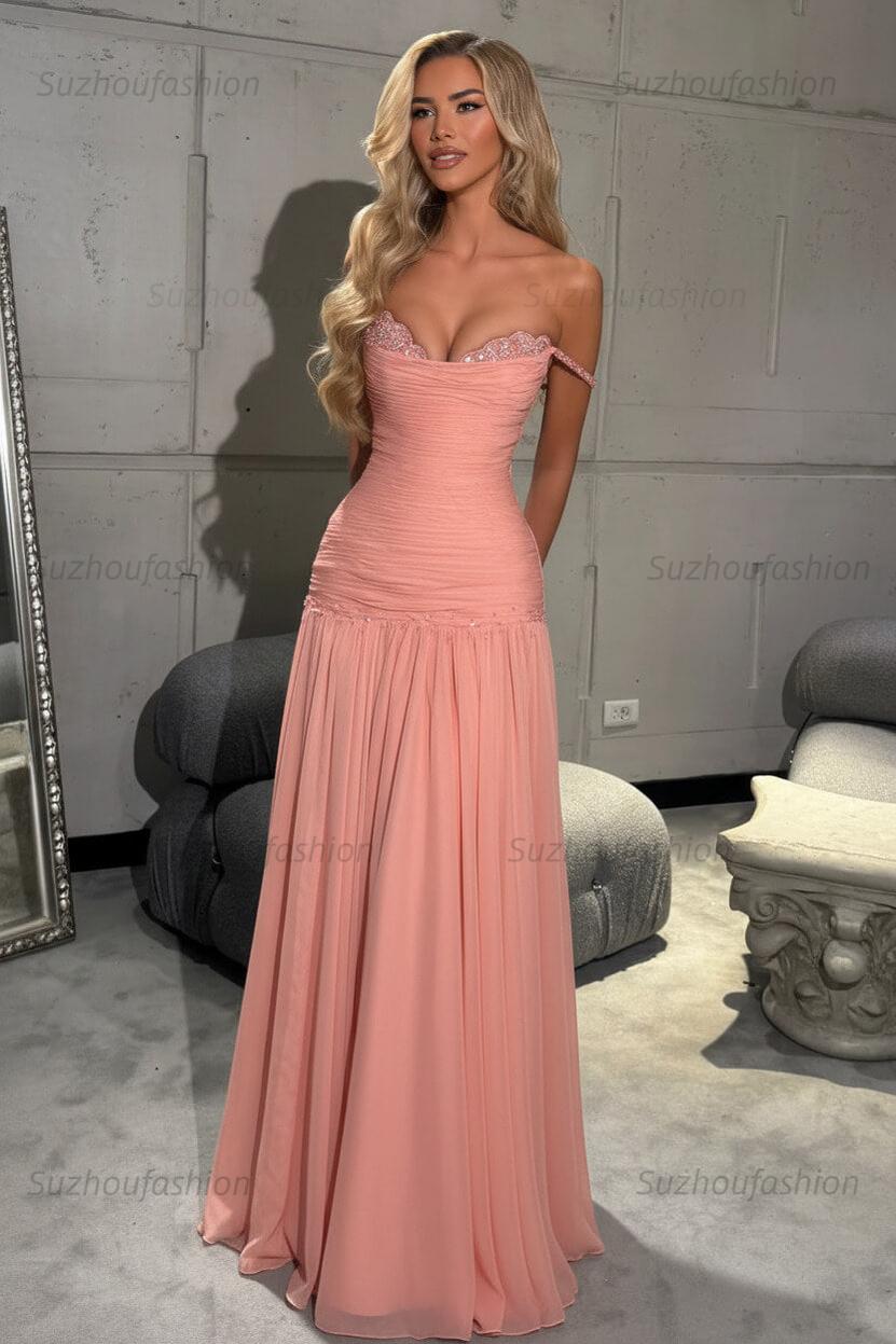 Off The Shoulder Prom Dress Sleeveless Pleated A Line Formal Evening Gown