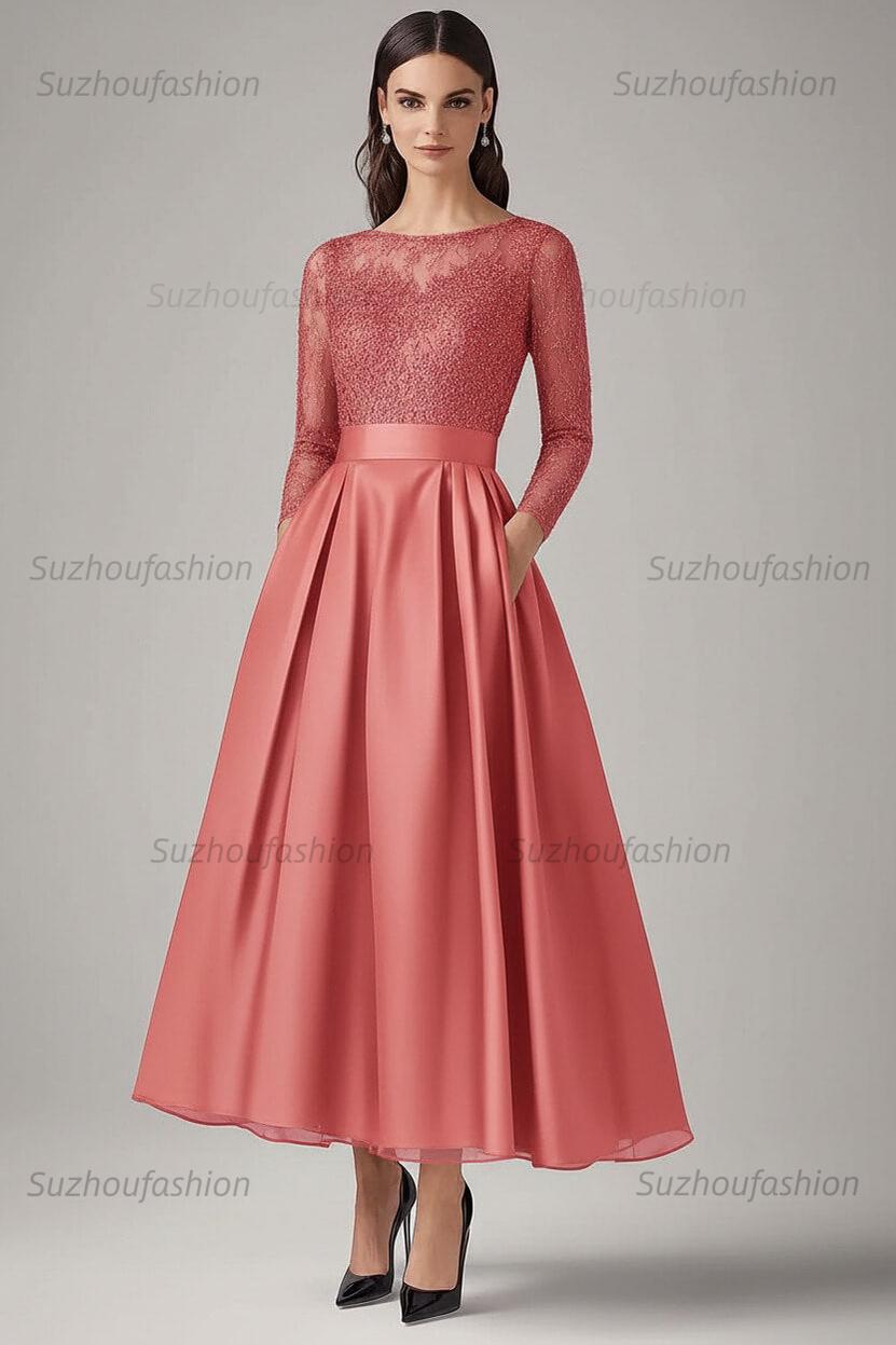 Navy Wedding Guest Dress Beaded A Line Long Sleeves Formal Dress With Lace