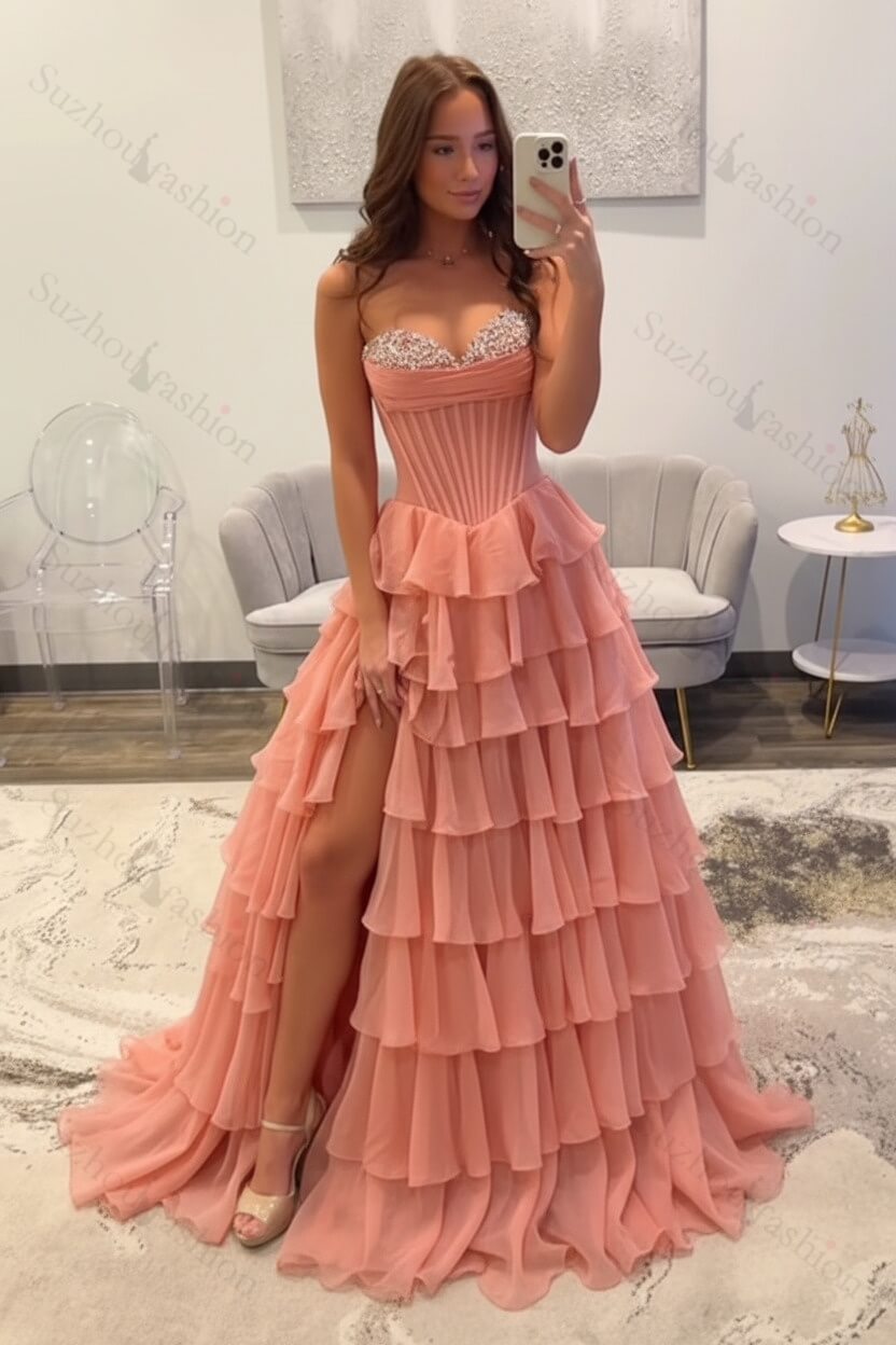 Ruffled Black Prom Dress A Line Corset Long Formal Dress With Beadings