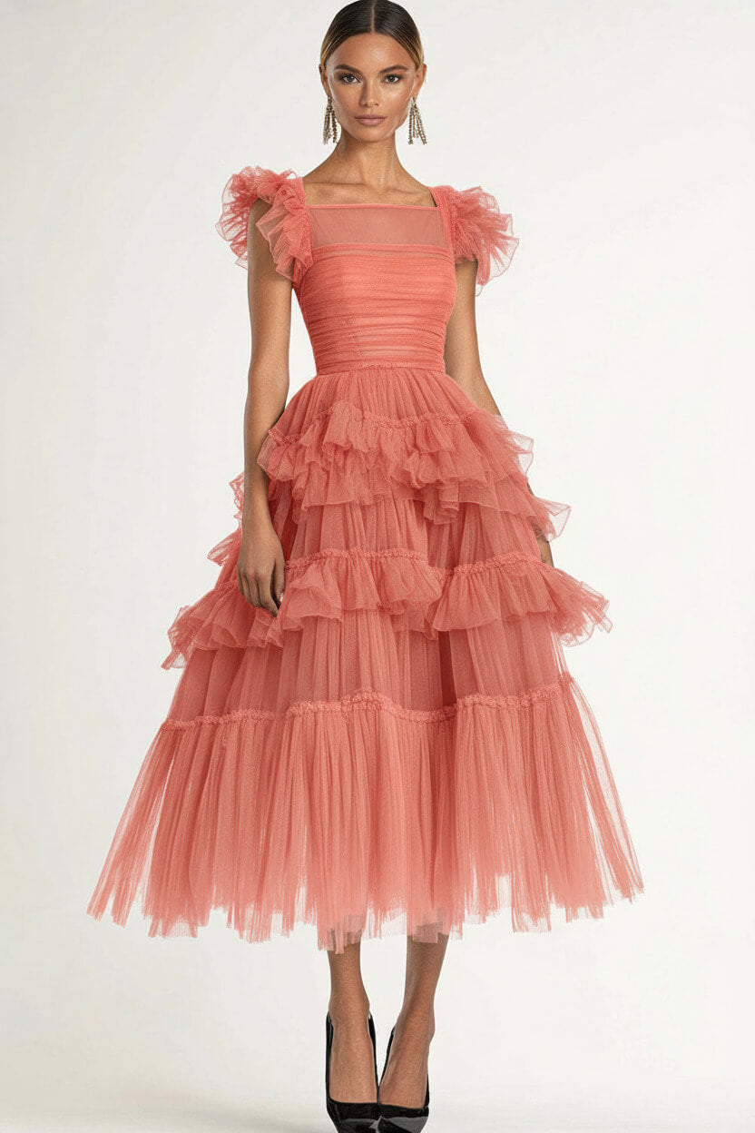 Tea Length Black Wedding Guest Dress A-Line Flatter Sleeves Tulle Formal Dress With Ruffles