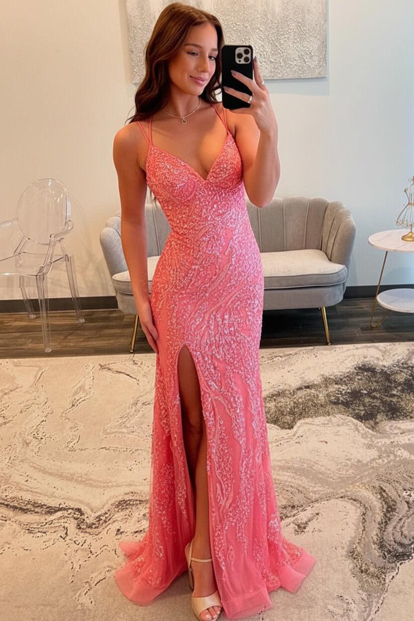 Suzhoufashion Silver Sequin Spaghetti Strap Mermaid Slit Prom Dress With Crisscross Lace-Up Back Formal Evening Gown