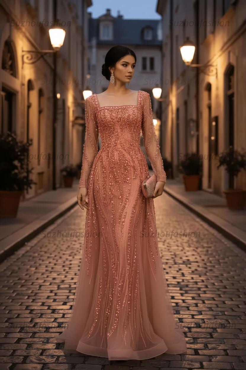 Square Neck Long Sleeves Long Mermaid Evening Formal Dress With Beading Tulle