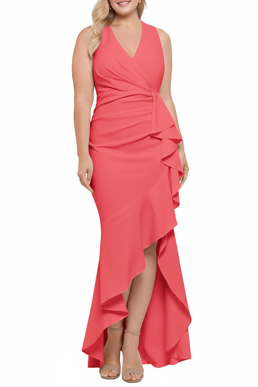 V Neck Sleeveless Plus Size Long Sheath Column Mother of the Bride Dress with Ruffles