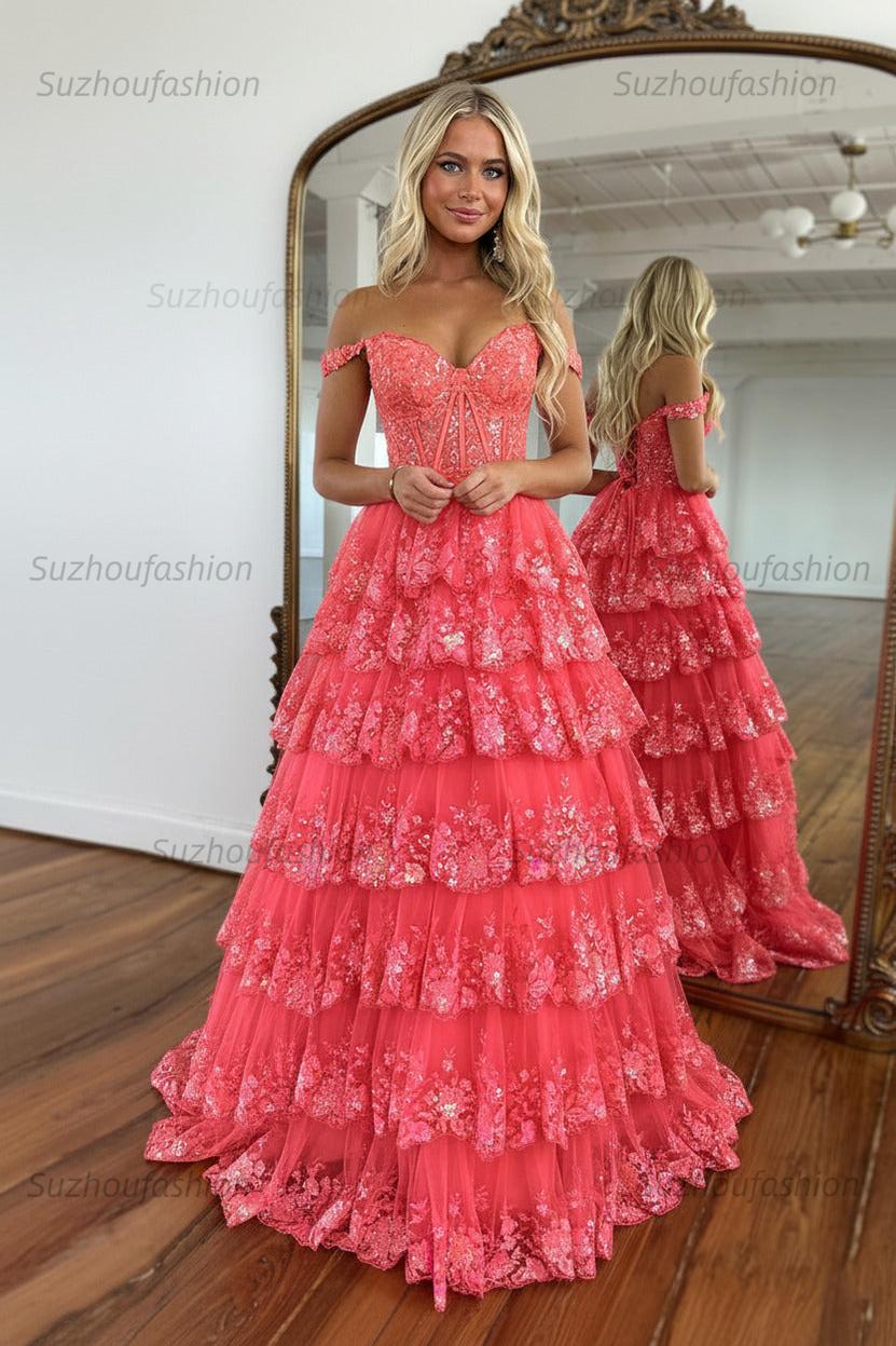 Glitter Hot Pink Corset Off the Shoulder Lace Long Prom Dress