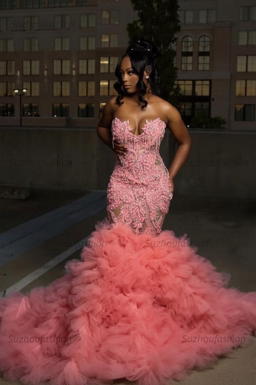 Mermaid Sweetheart Prom Dress Ruffled Sleeveless Formal Evening Gown with Rhinestones and Beadings