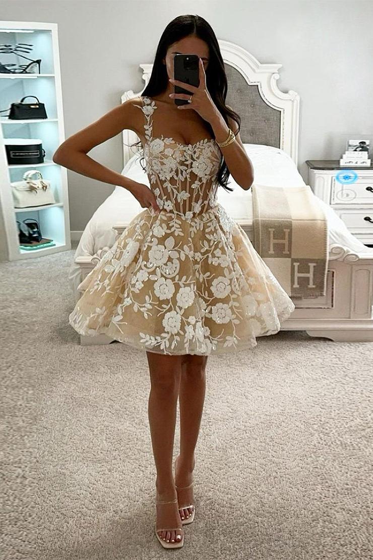 Corset Champagne Homecoming Dresses Floral A-Line Short Cocktail Dresses