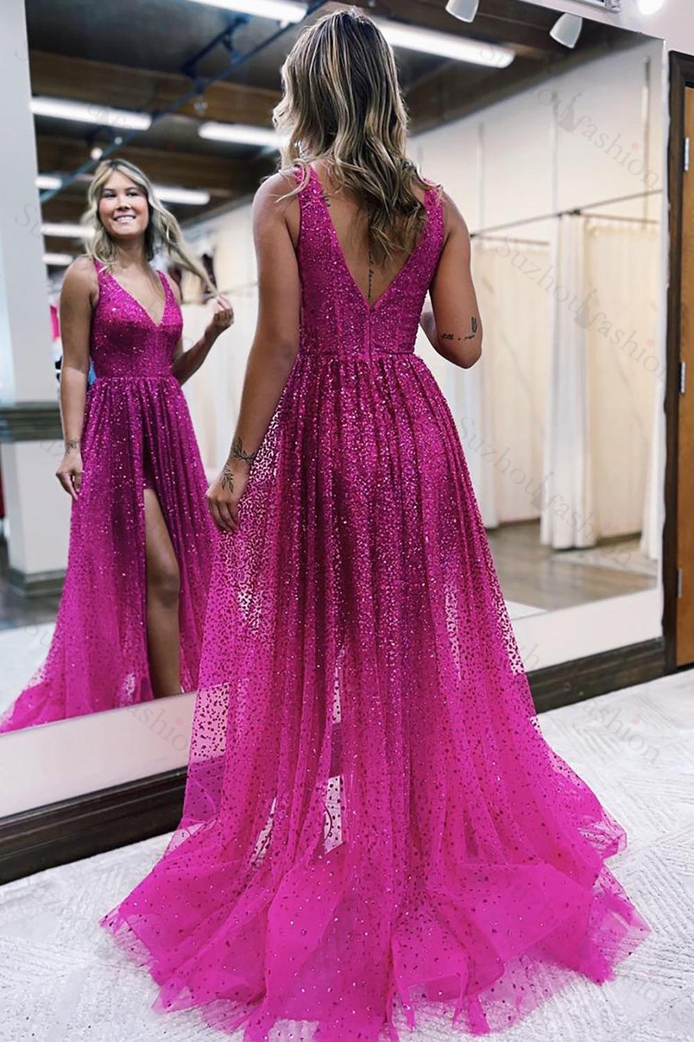 Corset Fuchsia Prom Dress V-Neck Long Formal Dress With Slit