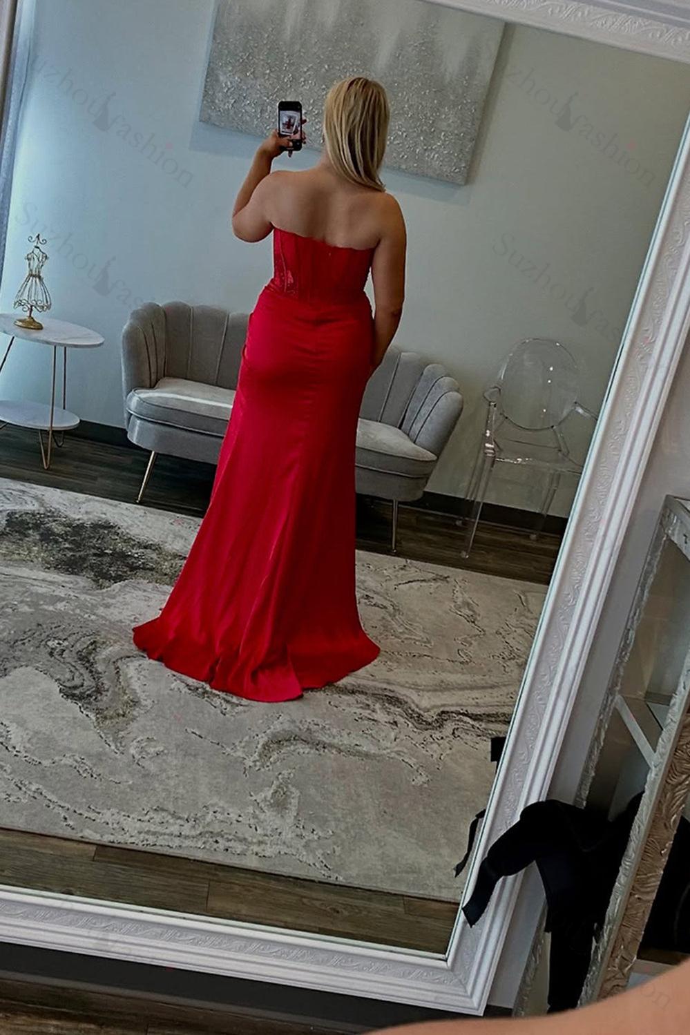 Corset Red Prom Dress Sweetheart Formal Dress With Beadings