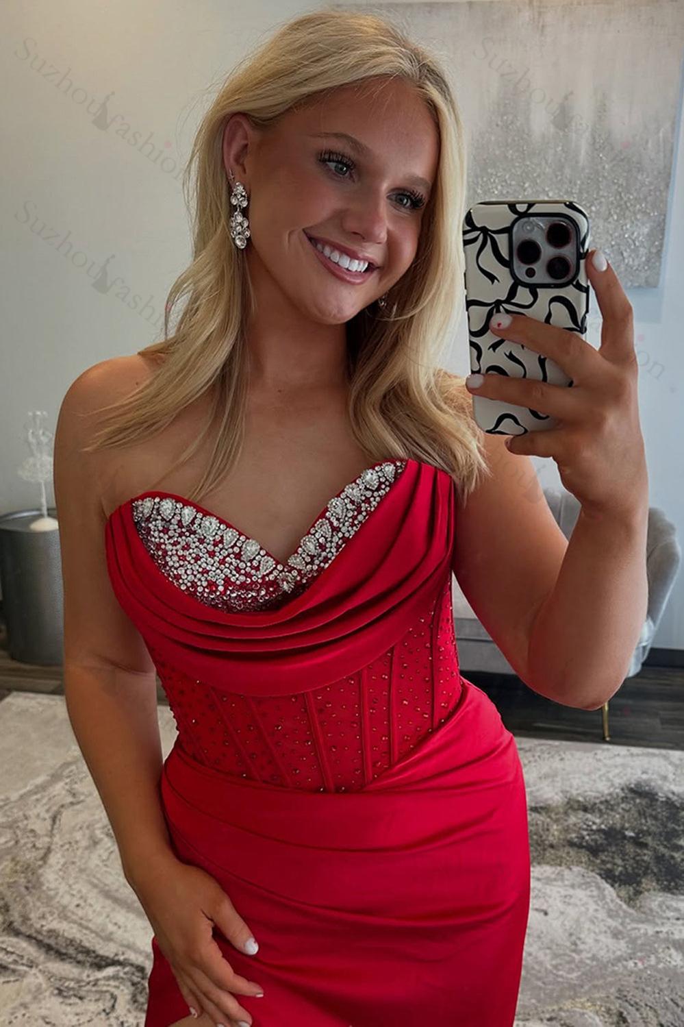 Corset Red Prom Dress Sweetheart Formal Dress With Beadings