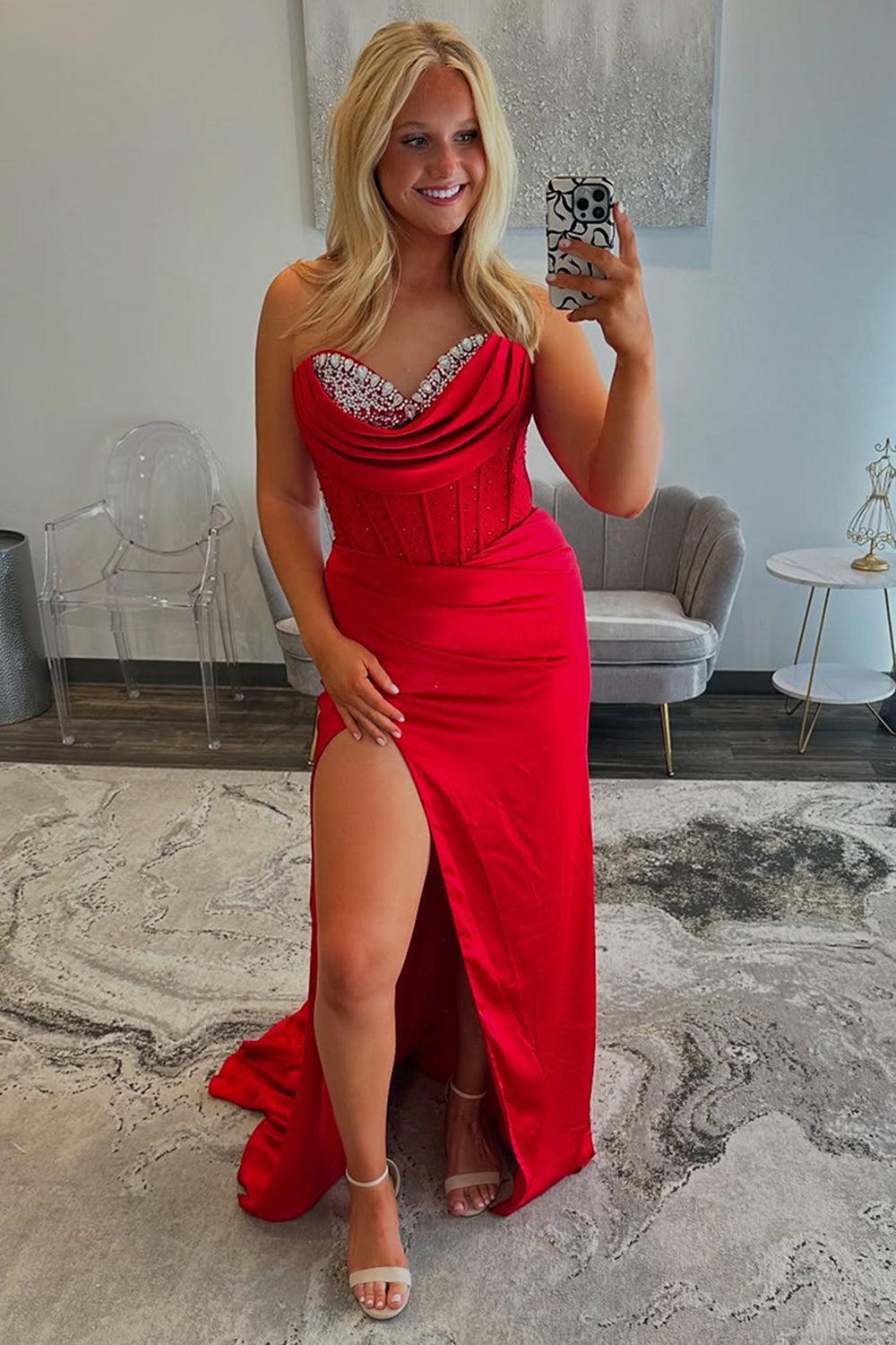 Corset Red Prom Dress Sweetheart Formal Dress With Beadings
