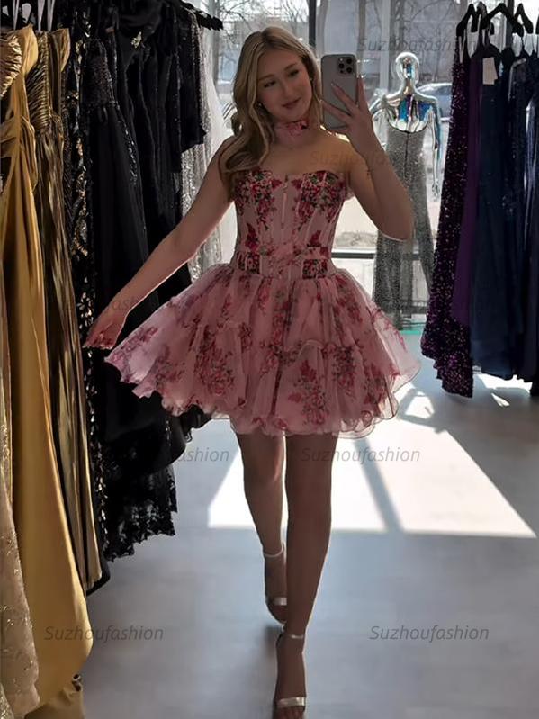 Suzhoufashion Corset Strapless A Line Short Homecoming Dress with Ruffles