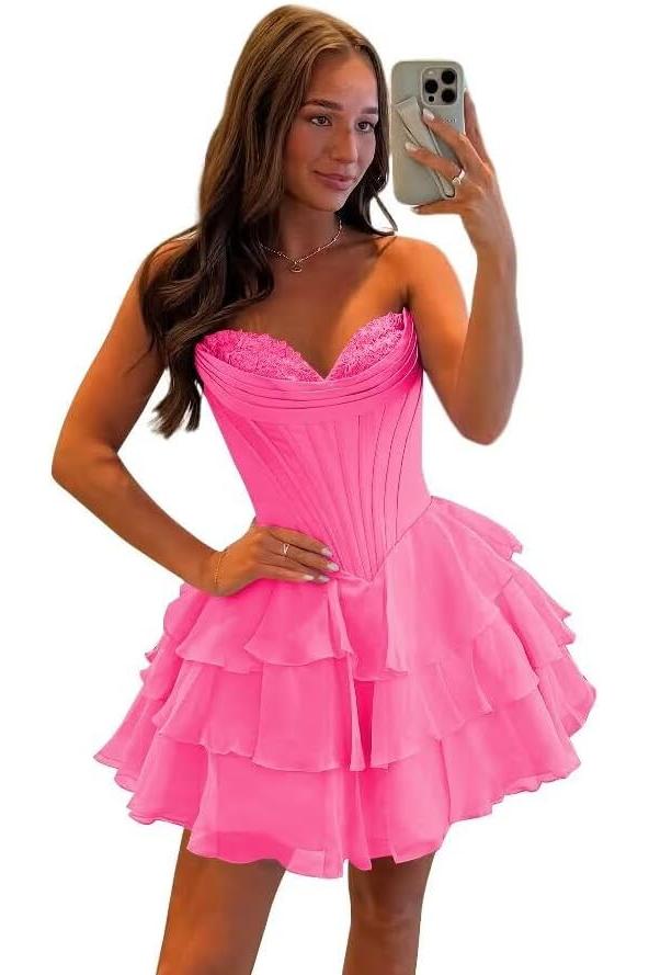 Fuchsia A Line Homecoming Dresses Corset Short Cocktail Dresses With Ruffles