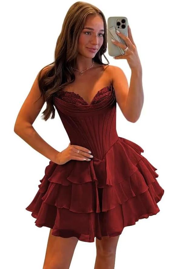 Fuchsia A Line Homecoming Dresses Corset Short Cocktail Dresses With Ruffles