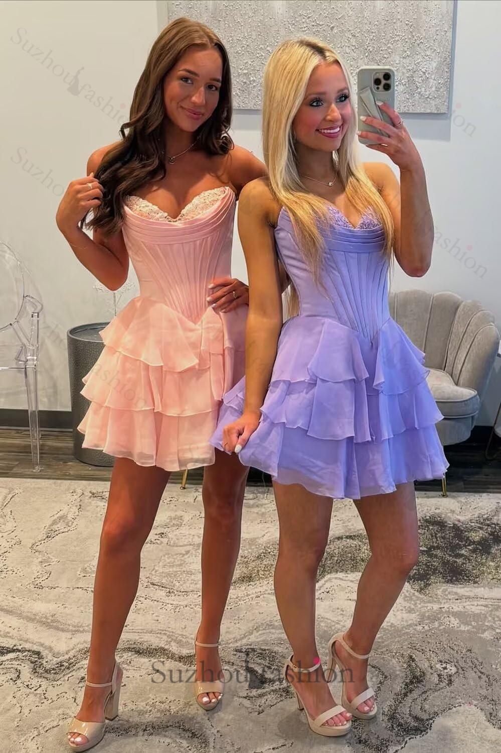 Fuchsia A Line Homecoming Dresses Corset Short Cocktail Dresses With Ruffles