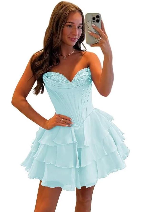 Fuchsia A Line Homecoming Dresses Corset Short Cocktail Dresses With Ruffles