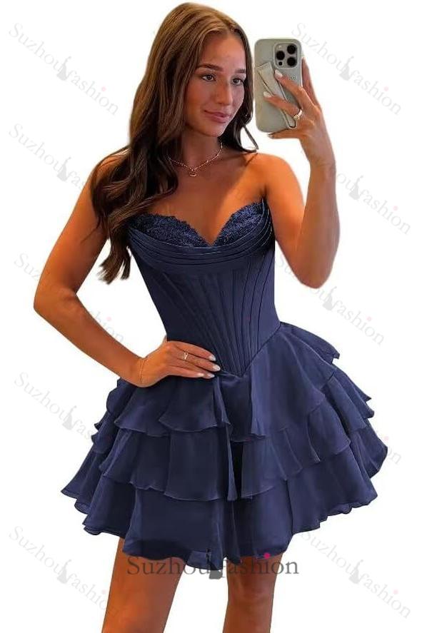 Fuchsia A Line Homecoming Dresses Corset Short Cocktail Dresses With Ruffles