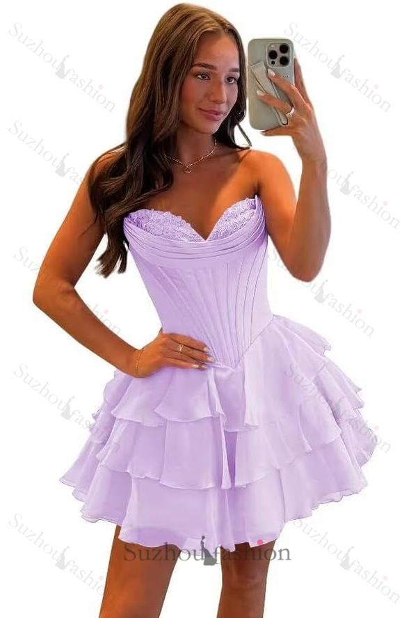 Fuchsia A Line Homecoming Dresses Corset Short Cocktail Dresses With Ruffles