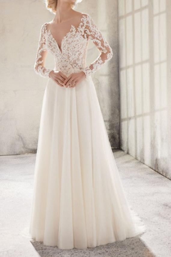 Country A-Line Wedding Dress Jewel Lace Tulle Long Sleeve Plus Size Bridal Gowns Sweep Train