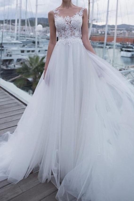 Country A-Line Wedding Dress Scoop Polyester Sleeveless Plus Size Bridal Gowns Sweep Train