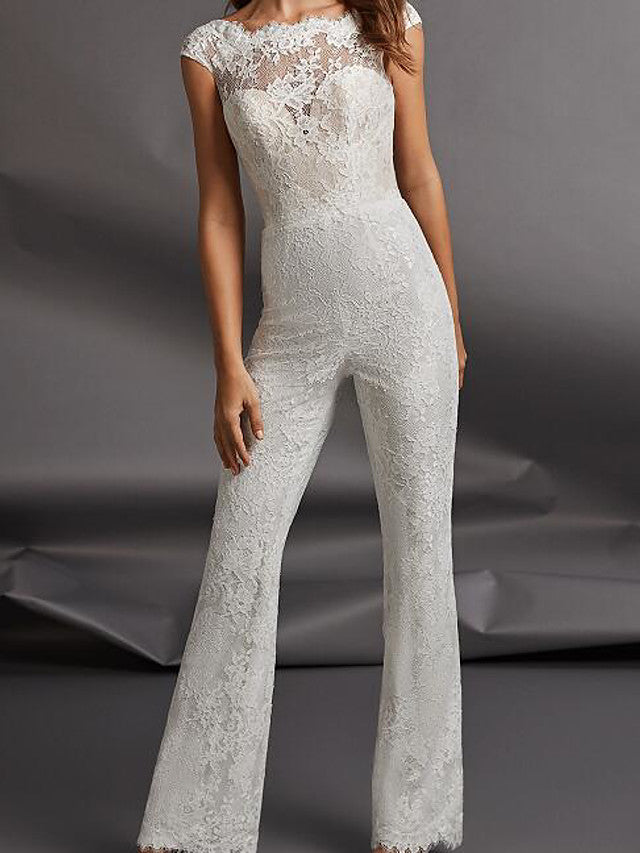 Country Jumpsuits Beach Wedding Dress Jewel Detachable Lace Tulle Cap Sleeve Plus Size Bridal Gowns