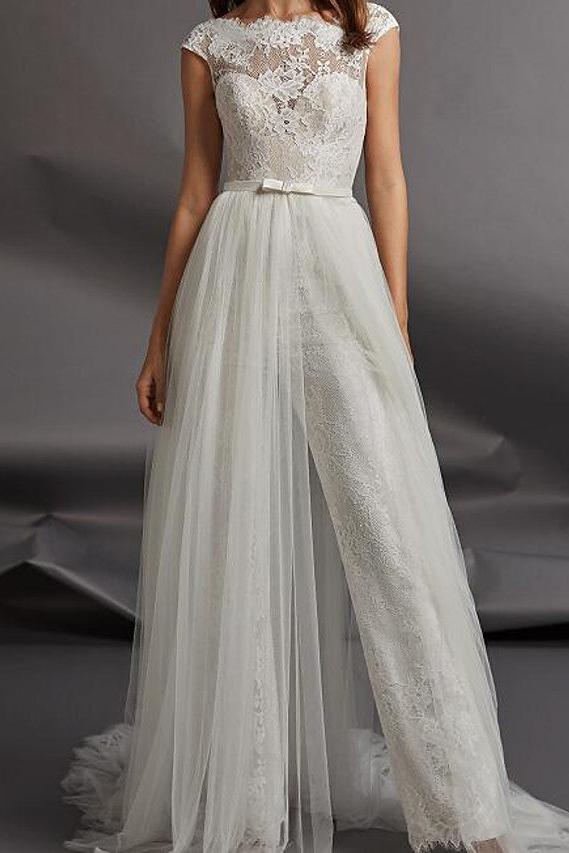 Country Jumpsuits Beach Wedding Dress Jewel Detachable Lace Tulle Cap Sleeve Plus Size Bridal Gowns