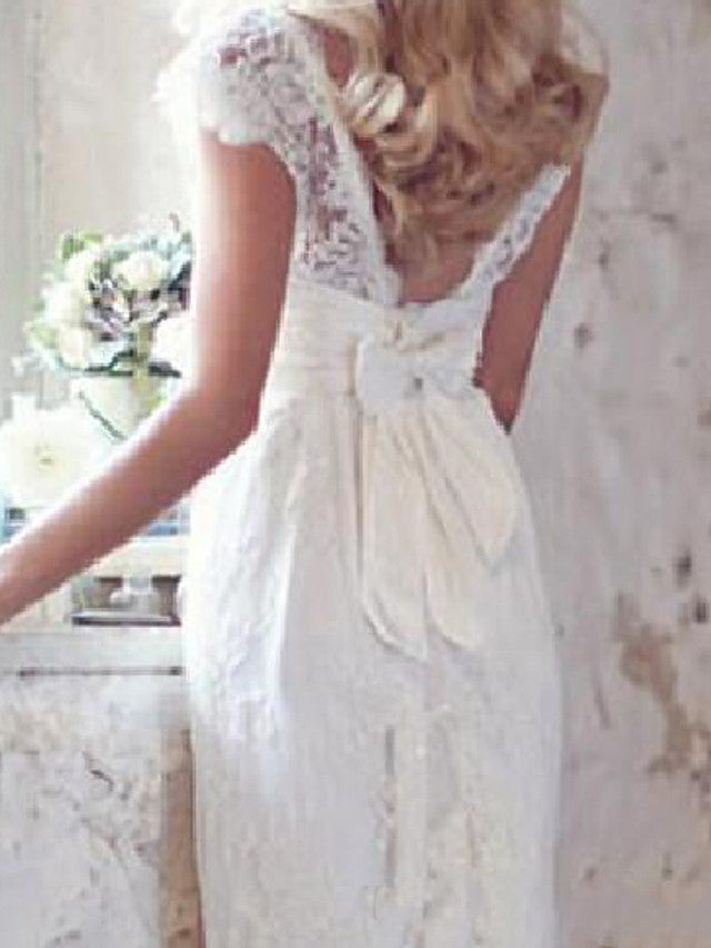 Country Mermaid Beach Wedding Dress V-Neck Lace Short Sleeve Plus Size Bridal Gowns Court Train