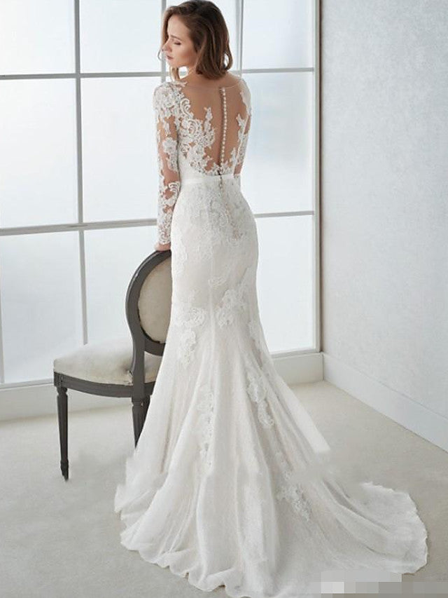 Country Mermaid Beach Wedding Dress V-Neck Lace Tulle Long Sleeves Bridal Gowns with Sweep Train