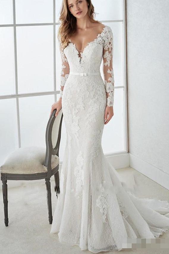 Country Mermaid Beach Wedding Dress V-Neck Lace Tulle Long Sleeves Bridal Gowns with Sweep Train