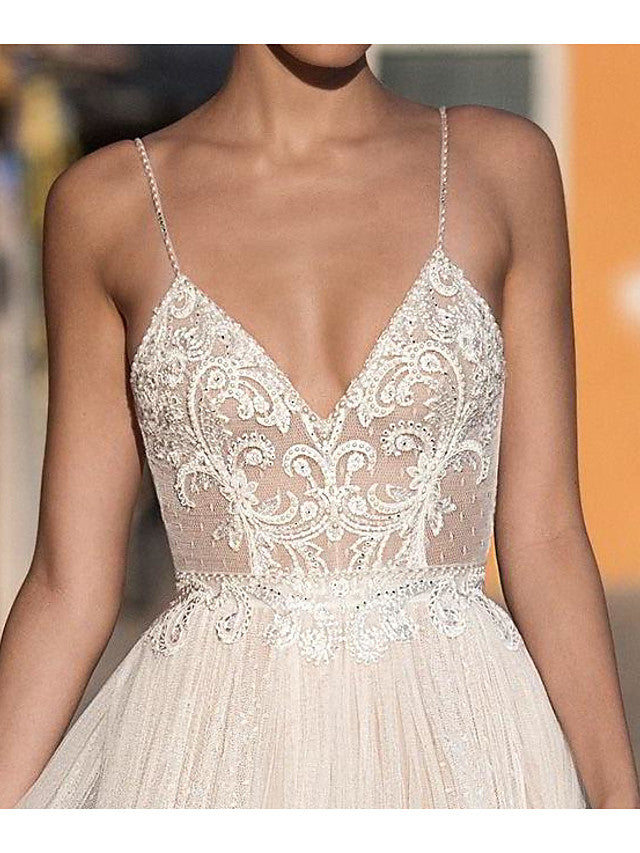 Country Plus Size A-Line Beach Wedding Dress Spaghetti Strap Sleeveless Bridal Gowns On Sale