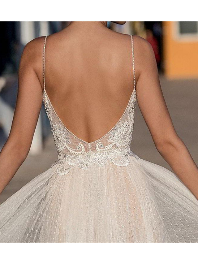 Country Plus Size A-Line Beach Wedding Dress Spaghetti Strap Sleeveless Bridal Gowns On Sale